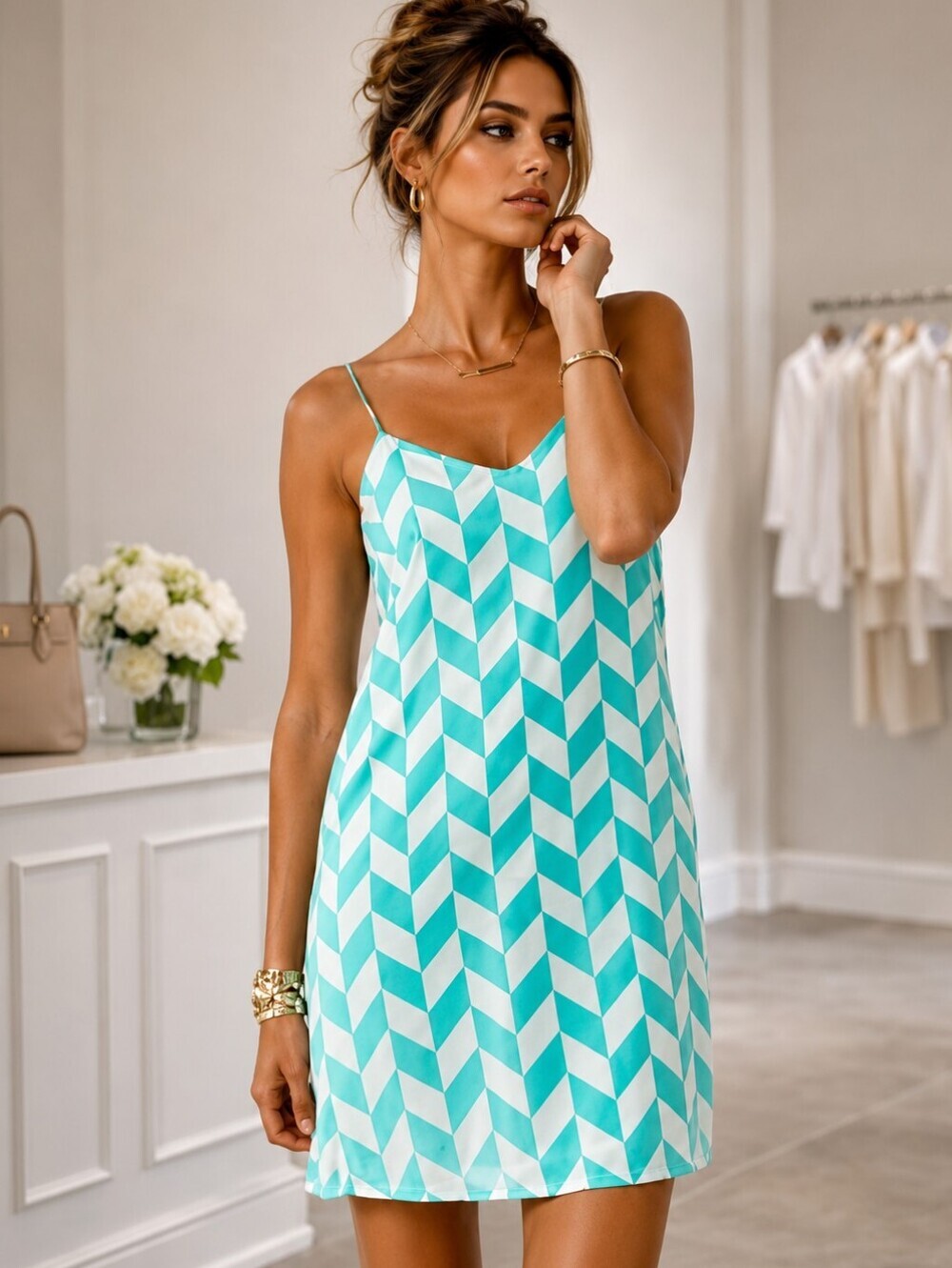 Anthropologie Everly Teal Green and White Geometric Print  Dress